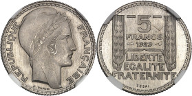 FRANCE
IIIe République (1870-1940). Essai de 5 francs Turin en nickel 1929, Paris.NGC MS 66+ (5778835-014).
Av. REPUBLIQUE FRANÇAISE. Tête laurée de l...