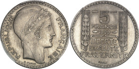 FRANCE
IIIe République (1870-1940). Essai de 5 francs Turin en nickel 1929, Paris.PCGS SP66 (6 g) (45862598).
Av. REPUBLIQUE FRANÇAISE. Tête laurée de...