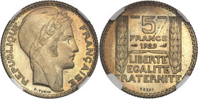 FRANCE
IIIe République (1870-1940). Essai de 5 francs Turin en cupro-aluminium 1929, Paris.NGC MS 66 (5788890-079).
Av. REPUBLIQUE FRANÇAISE. Tête lau...