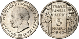 FRANCE
État Français (1940-1944). Essai de 5 francs Pétain grand module, par Bazor et Galle 1942, Paris.NGC MS 66 (6635775-029).
Av. + PHILIPPE PETA...