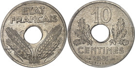 FRANCE
État Français (1940-1944). Essai de 10 centimes en maillechort 1941, Paris.PCGS SP66 (43134693).
Av. ETAT FRANÇAIS. Au-dessous du trou central,...