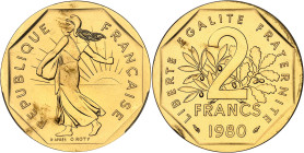 FRANCE
Ve République (1958 à nos jours). Piéfort de 2 francs Semeuse en Or, Frappe spéciale (SP) 1980, Pessac.PCGS SP67 (37780753).
Av. REPUBLIQUE FRA...