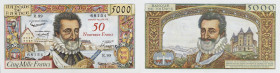 FRANCE
Ve République (1958 à nos jours). Billet de 50 Nouveaux Francs surchargé sur 5000 Francs Henri IV 5 mars 1959.PCGS 58 Choice AU (84979264).

P....