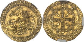 FRANCE / FÉODALES
Bretagne, François II (1458-1488). Écu d’or au chevalier ou florin au cavalier ND, R, Rennes.NGC AU 58 (3929764-004).
Av. +* FRANCIS...