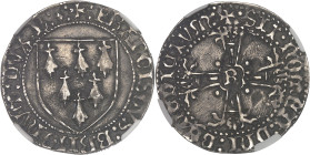 FRANCE / FÉODALES
Bretagne, François II (1458-1488). Gros à l’écu ND, R, Rennes.NGC AU 53 (6633791-006).
Av. +: FRANCISCVS: BRITONVM: DVX: (atelier): ...