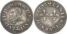 FRANCE / FÉODALES
Dombes, Louis II de Bourbon-Montpensier (1560-1582). Essai du denier tournois en argent 1576, Trévoux.
Av. (à 6 h) LVDO. P. DOMBAR. ...
