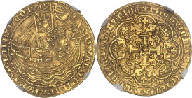 GRANDE-BRETAGNE
Édouard III (1327-1377). Noble d’or, 4e période, période avant le Traité ND (1351-1361), Londres.NGC AU 58 (6631355-021).
Av. E-DWARD°...