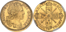 GRANDE-BRETAGNE
Écosse, Jacques François Stuart (VIII), prétendant (1701-1766). Guinée, frappe postérieure en Or, par Matthew Young 1716 (1828).NGC MS...