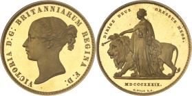 GRANDE-BRETAGNE
Victoria (1837-1901). 5 livres (5 pounds) “Una and the lion”, bandeau à 5 rouleaux et 9 feuilles, Flan bruni (PROOF) 1839, Londres.NG...