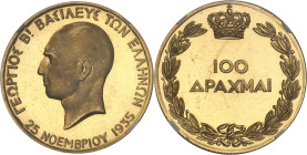 GRÈCE
Georges II (1922-1923 et 1935-1947). 100 drachmes Or, commémoration de la restauration du royaume et du Roi, Flan bruni (PROOF) 1935 (1940), Hea...