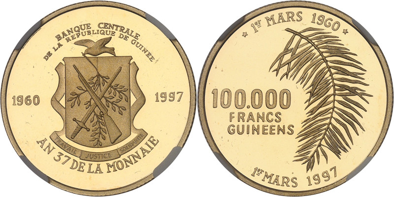 GUINÉE
République de Guinée (depuis 1958). 100.000 francs Or, Flan bruni (PROOF)...