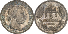 HONGRIE
François-Joseph Ier (1848-1916). 5 korona, Flan bruni (PROOF) 1900, KB, Kremnitz (Körmöcbánya).PCGS PR66 (12774821).
Av. FERENCZ JOZSEF I. K. ...