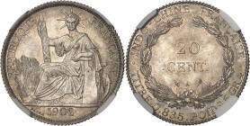 INDOCHINE
IIIe République (1870-1940). 20 centimes 1902, Paris.NGC MS 66+ (6630745-031).
Av. REPUBLIQUE FRANÇAISE. La République rayonnante, assise à ...