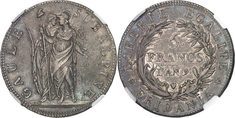 ITALIE
Gaule subalpine (1800-1802). 5 francs An 9 (1801), Turin.NGC AU 53 (66322...