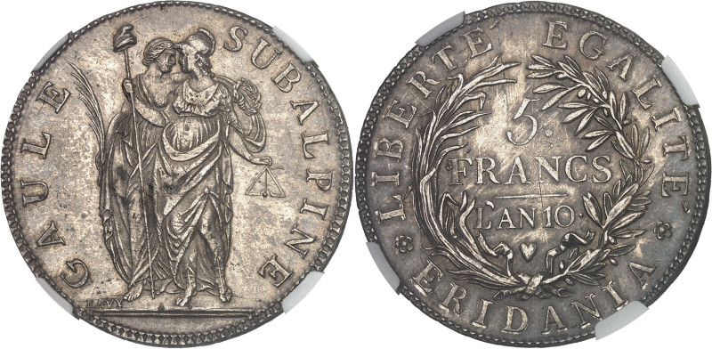 ITALIE
Gaule subalpine (1800-1802). 5 francs An 10 (1802), Turin.NGC AU 58 (6632...