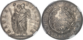 ITALIE
Gaule subalpine (1800-1802). 5 francs An 10 (1802), Turin.NGC AU 58 (6632265-042).
Av. GAULE SUBALPINE. La Gaule subalpine, tenant une palme et...