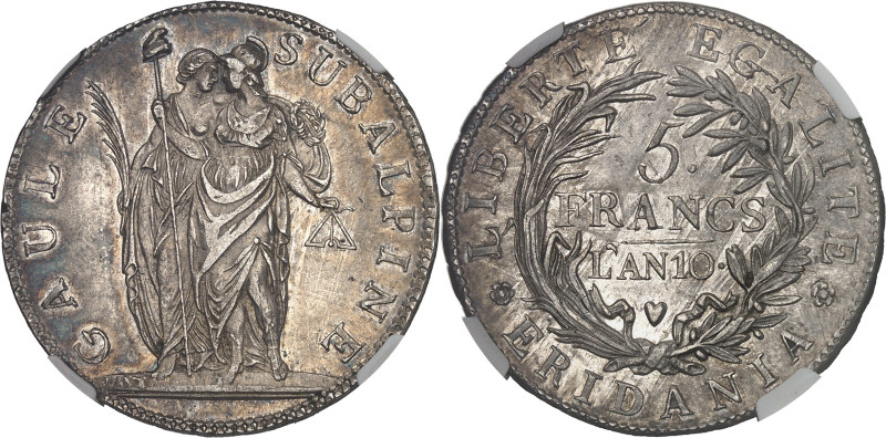 ITALIE
Gaule subalpine (1800-1802). 5 francs An 10 (1802), Turin.NGC AU 58 (6632...
