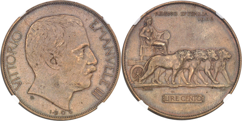 ITALIE
Victor-Emmanuel III (1900-1946). Essai de 100 lire Or, en bronze doré, au...