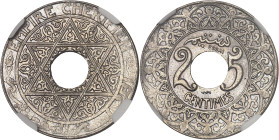 MAROC
Moulay Yussef (1912-1927). Essai de 25 centimes, perforé ND (AH 1340 = 1921), éclair, Poissy.NGC MS 64 (50 c) (6630870-021).
Av. EMPIRE CHERIFIE...