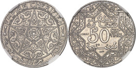 MAROC
Moulay Yussef (1912-1927). Essai de 50 centimes ND (AH 1340 = 1921), éclair, Poissy.NGC MS 64 (25 c) (6630870-022).
Av. EMPIRE CHERIFIEN. Étoile...