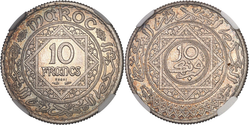 MAROC
Mohammed V (1927-1961). Essai de 10 francs, hybride 1er type - 2e type ND ...