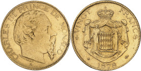 MONACO
Charles III (1853-1889). 20 (vingt) francs 1878, A, Paris.
Av. CHARLES III PRINCE DE MONACO. Tête nue à droite, au-dessous signature PONSCARME ...