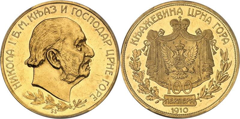 MONTÉNÉGRO
Nicolas Ier (1910-1918). 100 perpera, tête nue 1910, Vienne.PCGS PR62...