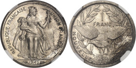 NOUVELLE-CALÉDONIE
Ve République (1958 à nos jours). Épreuve de 1 franc UNION FRANÇAISE en bronze-argenté, par Bazor 1949, Paris.NGC MS 64 (silvered-b...
