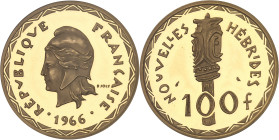 NOUVELLES-HÉBRIDES
Ve République (1958 à nos jours). Piéfort de 100 francs en Or, Flan bruni (PROOF) 1966, Paris.NGC PF 63 ULTRA CAMEO (6631354-023).
...