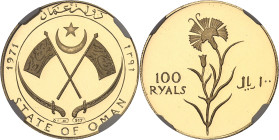 OMAN
Sultanat d’Oman, Ghalib bin Ali bin Hilal al-Hinai en exil (1959-2009). 100 riyals, Flan bruni (PROOF) AH 1391 - 1971.NGC PF 69 ULTRA CAMEO (5789...