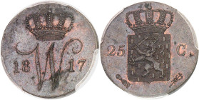 PAYS-BAS
Guillaume I (1815-1840). Essai de 25 centimes 1817, Utrecht.PCGS SP63BN (80660177).
Av. Chiffre du Roi W, sous une couronne, accosté de la (d...