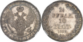 POLOGNE
Nicolas Ier (1825-1855). 10 zloty (1,5 rouble) 1833 HГ, Saint-Pétersbourg.NGC AU 58 (6632265-048).
Av. Légende en cyrillique. Aigle bicéphale ...