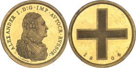 RUSSIE
Alexandre Ier (1801-1825). Essai au module du rouble, en bronze doré, par C. H. Küchler, Flan bruni (PROOF) 1804, Soho.NGC PF 61 CAMEO (Bitkin ...