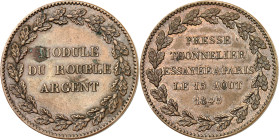 RUSSIE
Nicolas Ier (1825-1855). Essai de frappe du rouble d’argent, le 15 août 1845 à Paris par Thonnelier 1845, Paris.
Av. Dans une couronne sans fin...