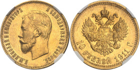 RUSSIE
Nicolas II (1894-1917). 10 roubles 1911 ЭБ, Saint-Pétersbourg.NGC MS 62 (6453541-031).
Av. Légende en cyrillique. Tête à gauche de Nicolas II. ...