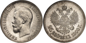 RUSSIE
Nicolas II (1894-1917). 25 kopecks 1900 Г, Saint-Pétersbourg.NGC MS 63 (1581089-002).
Av. Légende en cyrillique. Tête nue à gauche. 
Rv. Aigle ...