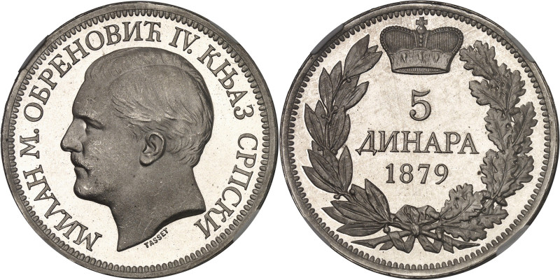 SERBIE
Milan Obrenovich, prince (1868-1882). 5 dinara, Flan bruni (PROOF) 1879.N...