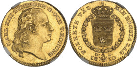 SUÈDE
Charles XIII (1809-1818). Ducat 1810 OL, Stockholm.NGC MS 63 (6453663-009).
Av. CARL XIII SVERIGES G. OCH V. KRONUNG. Tête nue du Roi à droite. ...
