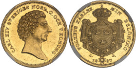 SUÈDE
Charles XIV Jean (1818-1844). 4 ducats, aspect Flan bruni (PROOFLIKE) 1837 CB, Stockholm.NGC MS 63 PL (2125825-040).
Av. CARL XIV SVERIGES NORR....