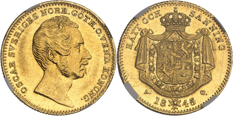 SUÈDE
Oscar Ier (1844-1859). Ducat, 1er type 1845/4 AG, Stockholm.NGC MS 63 (645...