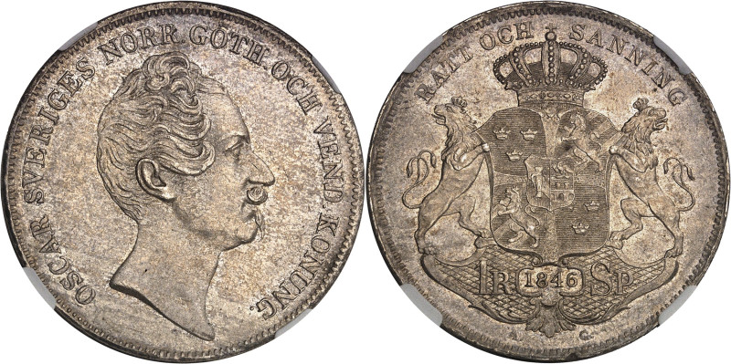 SUÈDE
Oscar Ier (1844-1859). Riksdaler specie, 2e type 1846, Stockholm.NGC MS 61...