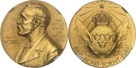 SUÈDE
Gustave VI Adolphe (1950-1973). Médaille d’Or de membre du comité Nobel de Physique et Chimie, fondation Alfred Nobel, d’après Erik Lindberg 196...