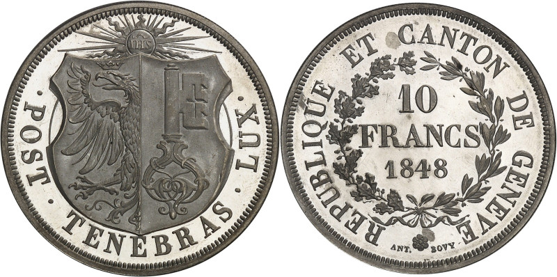 SUISSE
Genève (canton de). 10 francs, aspect Flan bruni intense (DPL) 1848, Genè...