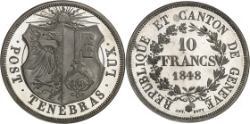 SUISSE
Genève (canton de). 10 francs, aspect Flan bruni intense (DPL) 1848, Genève.NGC MS 67* DPL (6633194-003).
Av. .POST. TENEBRAS. LUX. Écu aux arm...