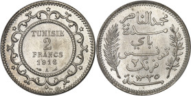 TUNISIE
Mohamed el-Naceur, Bey (1906-1922). 2 francs 1916 - AH 1335, A, Paris.PCGS MS65+ (38906748).
Av. Dans un encadrement fleuronné : TUNISIE 2 FRA...