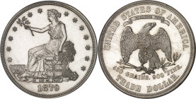 USA
République fédérale des États-Unis d’Amérique (1776-à nos jours). Dollar de commerce (trade dollar), à la Liberté assise, Flan bruni (PROOF) 1879,...