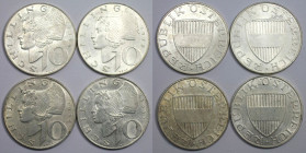 RDR – Habsburg – Österreich, Lots und Sammlungen. REPUBLIK ÖSTERREICH. 4 x 10 Schilling 1959-1970. Lot von 4 Münzen. Silber. KM 2882. Vorzüglich...