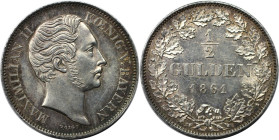Altdeutsche Münzen und Medaillen, BAYERN / BAVARIA. Maximilian II. Joseph (1848-1864). 1/2 Gulden 1861, Silber. Jaeger 81, AKS 152. Vorzüglich-stempel...