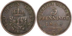 Altdeutsche Münzen und Medaillen, BRANDENBURG IN PREUSSEN. Wilhelm I. (1861-1888). 3 Pfennig 1868 C. Kupfer. KM 482. Sehr Schön-Vorzüglich