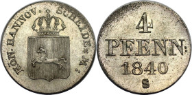 Altdeutsche Münzen und Medaillen, BRAUNSCHWEIG - LÜNEBURG - CALENBERG - HANNOVER. Ernst August (1837-1851). 4 Pfennig 1840 S. Billon. KM 177.2. Fast S...